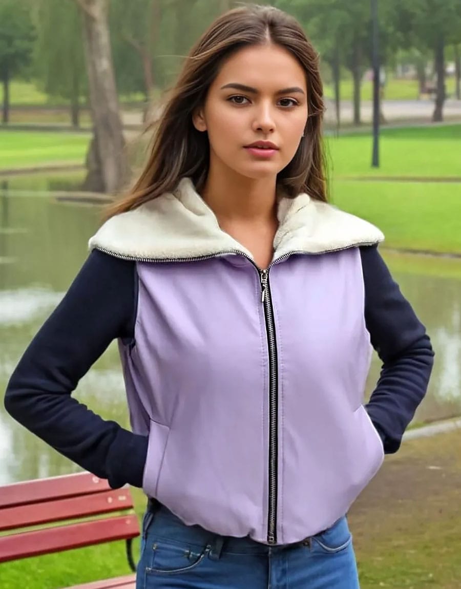 chaleco Chaleco elaborado en cuerina con bolsillos, forrado por dentro en piel de conejo, con recogido en la cintura lila