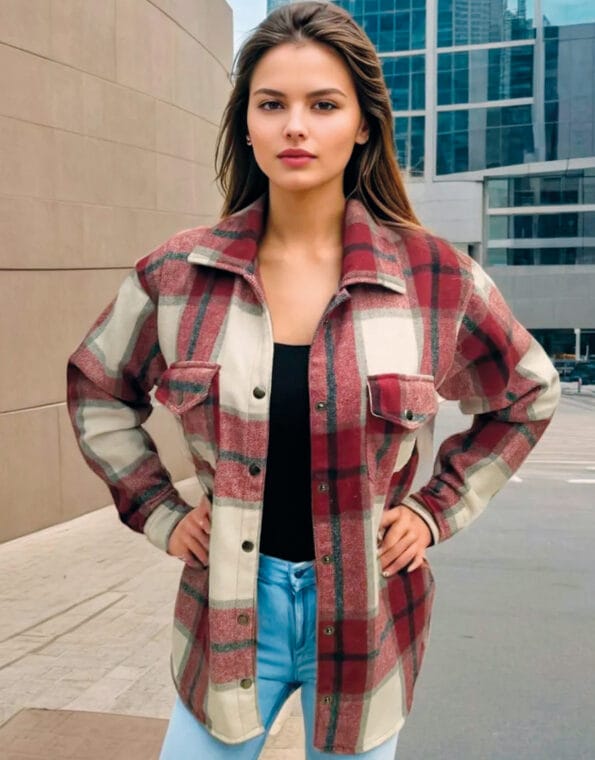 Camisa elaborada en paño leñador, sin forro, con bolsillos y taches roja